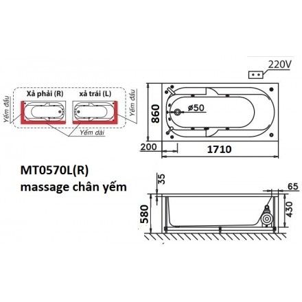 Bồn Tắm Massage 1.7M Chân Yếm CAESAR MT0570L/R