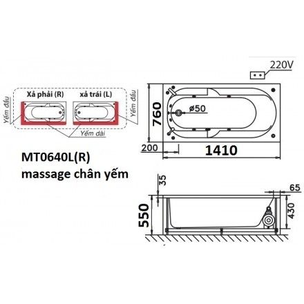 Bồn Tắm Massage 1.4M Chân Yếm CAESAR MT0640L/R