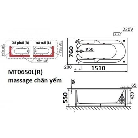 Bồn Tắm Massage 1.5M Chân Yếm CAESAR MT0650L