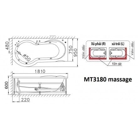 Bồn Tắm Massage Caesar MT3180L/R Chân Yếm Dài 1.8M