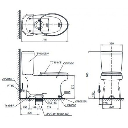 Bàn Cầu Hai Khối TOTO CS350DT3 Nắp TC385VS