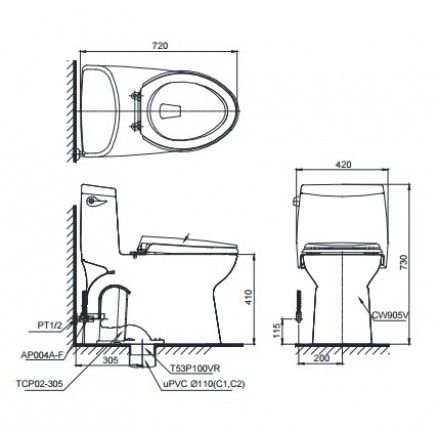 Bàn Cầu TOTO MS905E4 Một Khối Nắp Cơ