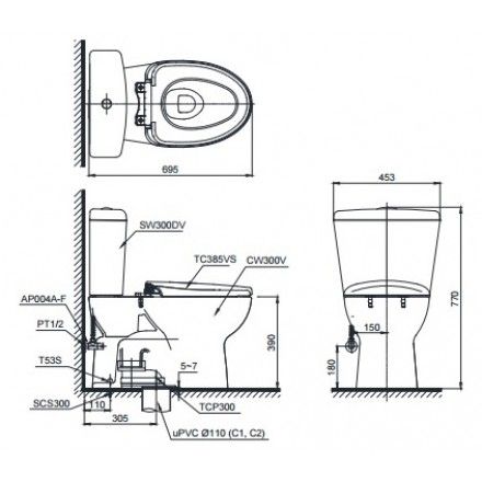 Bàn Cầu Hai Khối TOTO CS300DRT2 Nắp TC393VS