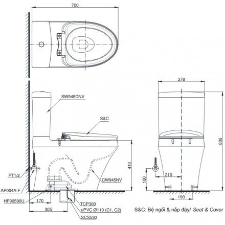 Bàn Cầu Hai Khối TOTO CS945DNT3 Nắp TC385VS