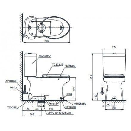 Bàn Cầu Hai Khối TOTO CS351DT3 Nắp TC385VS