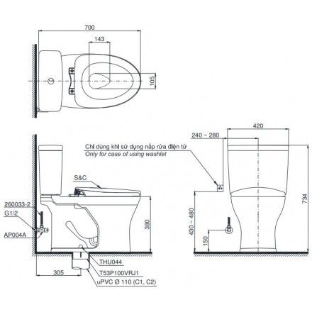 Bàn cầu TOTO CS735DT3 hai khối nắp TC385VS