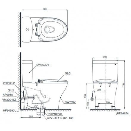 Bàn Cầu TOTO CS769DT2 ( CS769DRT2 ) Hai Khối Nắp TC393VS