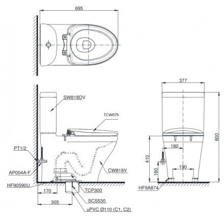 Bàn Cầu TOTO CS818DE2 Hai Khối Nắp Cơ