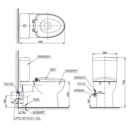 Bàn Cầu Hai Khối TOTO CS320PDRT3 Nắp TC385VS Thoát Ngang