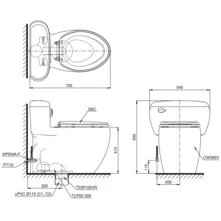 Bàn Cầu TOTO MS366T7 Một Khối Nắp TC6040S