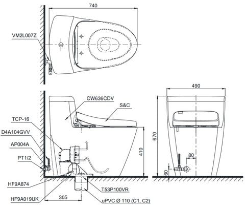 Bàn Cầu TOTO MS636DT8 Một Khối Nắp TC600VS