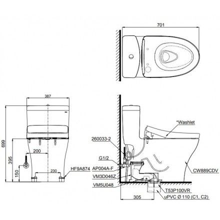 Bàn Cầu Điện Tử TOTO MS889CDW12 Nắp Tự Động Đóng Mở