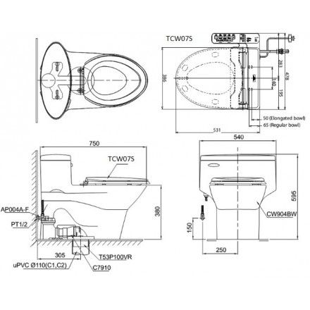 Bàn Cầu Một Khối TOTO MS904E2 Nắp Cơ