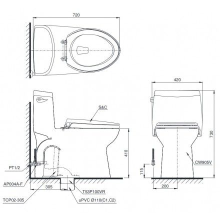 Bàn Cầu TOTO MS905E2 Một Khối Nắp Cơ