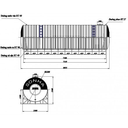 Bồn Nước Sơn Hà Inox 30000L Ngang SUS 304 Phi 2,2m