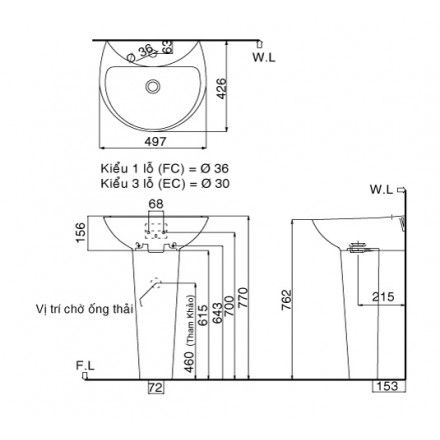 Chậu Lavabo Treo Tường Inax L-285V/L-288VD Kèm Chân Dài