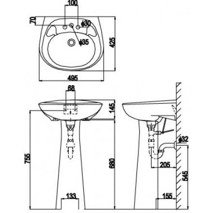 Chậu Lavabo Treo Tường Inax L-284V/L-284VD Kèm Chân Dài