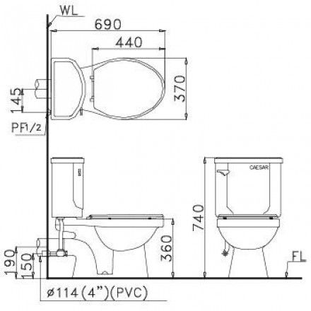 Bàn Cầu CAESAR CPT1332 Hai Khối Thoát Ngang Xả Gạt