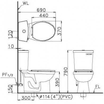 Bàn Cầu CAESAR CT1325 Hai Khối 1 Nhấn Nắp Thường