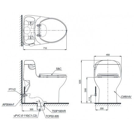 Bàn Cầu TOTO MS914T2 ( MS914RT2 ) Một Khối Nắp Êm TC393VS