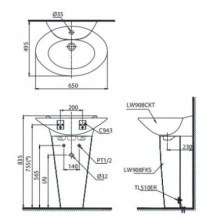 Chậu Lavabo TOTO LHT908C Treo Tường Chân Ngắn