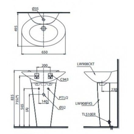 Chậu Lavabo TOTO LPT908C Treo Tường Chân Dài