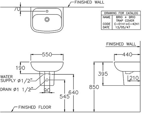 Chậu Lavabo Treo Tường COTTO C0141/C4241 Brio Chân Ngắn