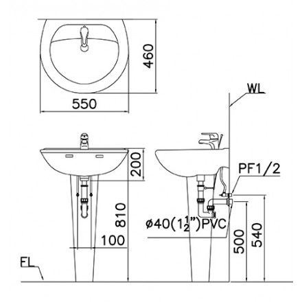 Chậu Rửa Lavabo Treo Tường Caesar Chân Dài L2220/P2437