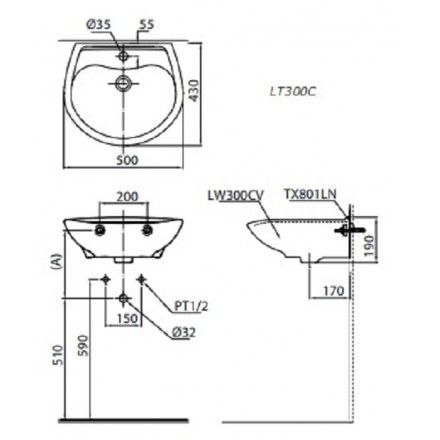 Chậu Rửa Lavabo TOTO LT300C Treo Tường