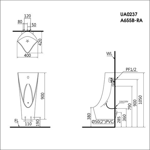 Bồn tiểu nam cảm ứng CAESAR UA0237 đặt sàn