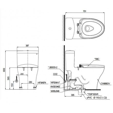 Bàn Cầu TOTO MS889DT8 ( MS889DRT8 ) Một Khối Nắp TC600VS