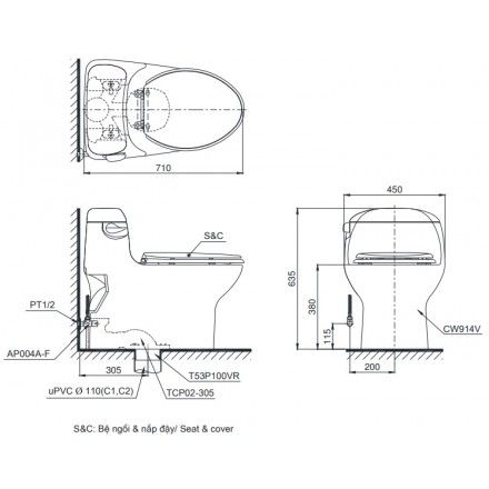 Bàn Cầu TOTO MS914T8 ( MS914RT8 ) Một Khối Nắp Êm TC600VS