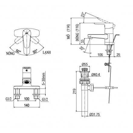 Vòi Chậu Rửa Inax LFV-1201S-1 Nóng Lạnh Lavabo 3 Lỗ