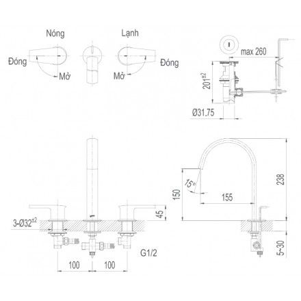 Vòi Lavabo Inax LFV-7100B Van Nóng Lạnh Riêng 3 Lỗ