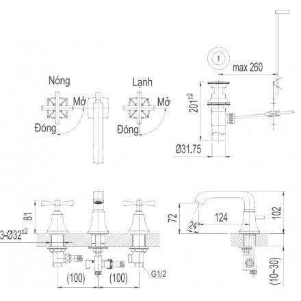 Vòi Lavabo Inax LFV-8100B Van Nóng Lạnh Riêng 3 Lỗ