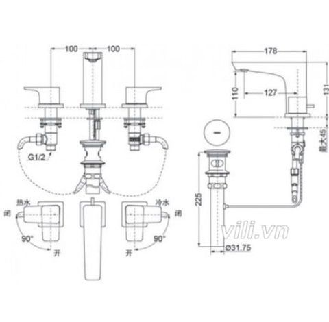 Vòi Lavabo TOTO TLG07201B 3 Lỗ nóng lạnh