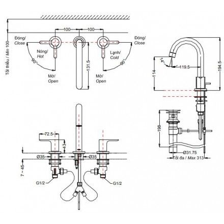 Vòi Lavabo TOTO TLS01201B 3 Lỗ nóng lạnh