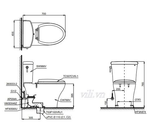 Bàn Cầu Hai Khối TOTO CS986GT8 Nắp TC600VS