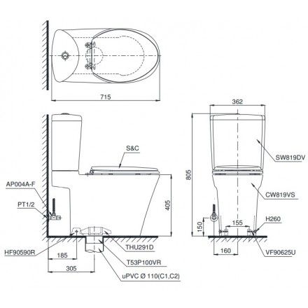 Bàn Cầu Hai Khối TOTO CS819DST3 Nắp TC385VS