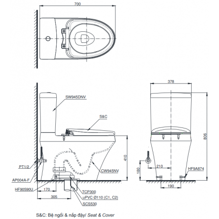 Bàn Cầu Hai Khối TOTO CS945DNT8 Nắp TC600VS