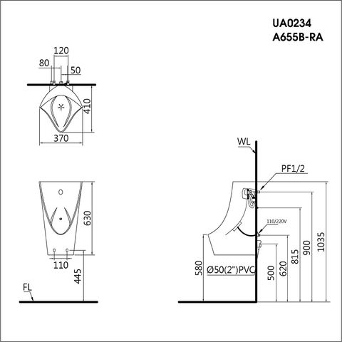 Bồn tiểu nam cảm ứng Caesar UA0234 Treo Tường