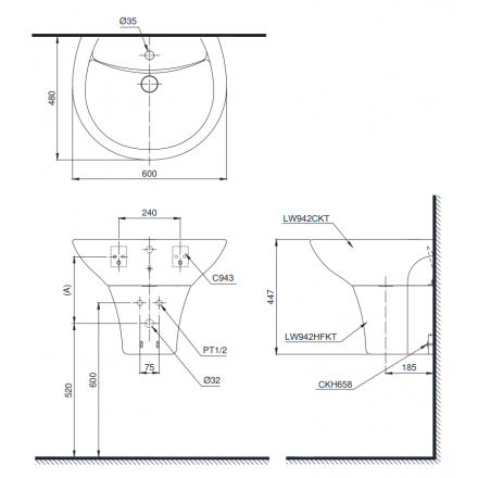 Chậu Lavabo TOTO LT942CK/PT942HFK Treo Tường Chân Ngắn