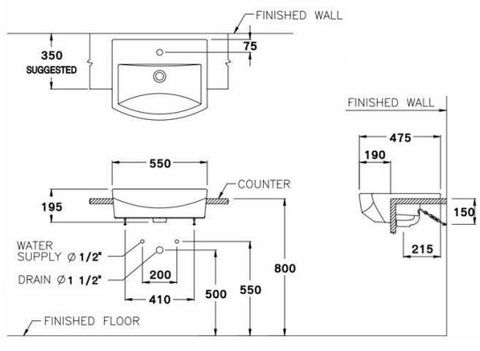 Chậu Lavabo COTTO C02427 Tetragon Bán Dương Vành