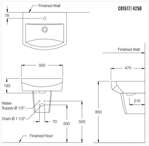 Chậu Lavabo Treo Tường COTTO C01517/C4250 Tetragon Chân Ngắn