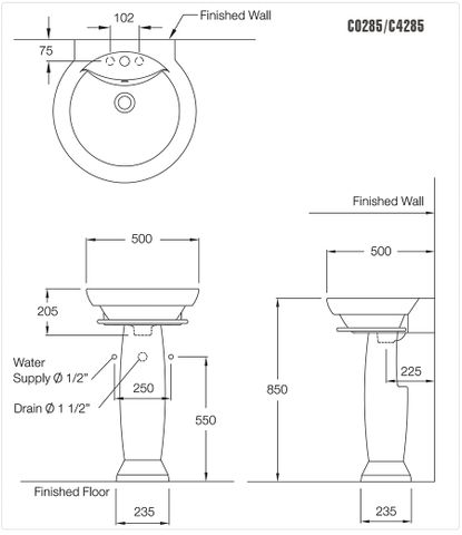 Chậu Rửa Lavabo Treo Tường COTTO C0285/C4285 Alpha Chân Dài