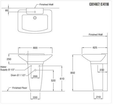 Chậu Rửa Mặt Lavabo COTTO C01467/C4116 Hercules Chân Dài Treo Tường