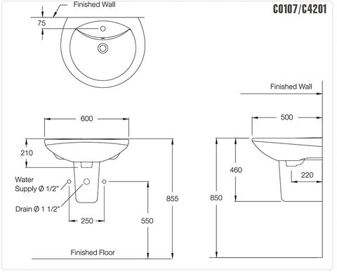 Chậu Rửa Mặt Lavabo COTTO C0107/C4201 Alice Chân Ngắn Treo Tường