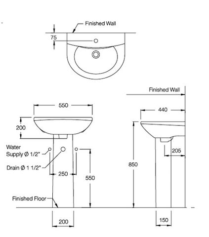 Chậu Lavabo Treo Tường COTTO C014/C411 Wedy Chân Dài