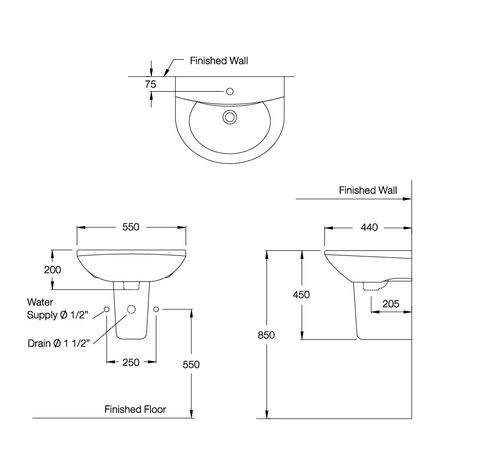 Chậu Lavabo Treo Tường COTTO C014/C4201 Wendy Chân Ngắn