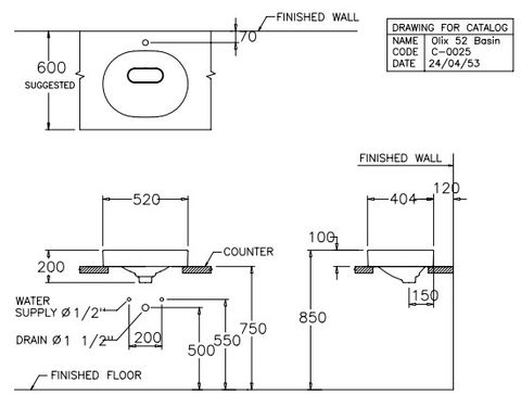 Chậu Rửa Lavabo COTTO C00257 Olix 52 Đặt Bàn